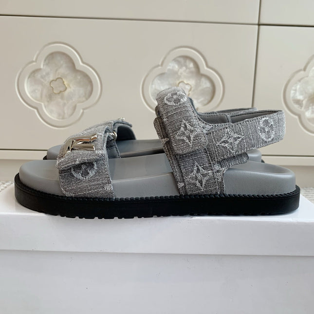 LV SANDALS 25S IN GREY DENIM AND CALFSKIN WITH SILVER HARDWARE