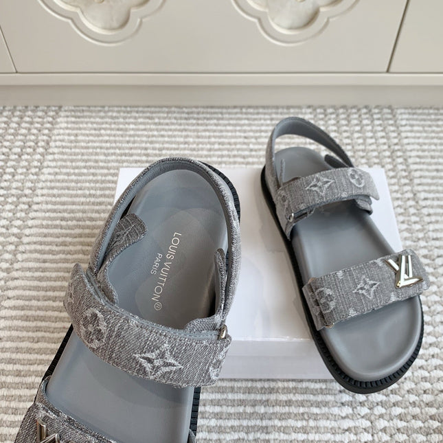 LV SANDALS 25S IN GREY DENIM AND CALFSKIN WITH SILVER HARDWARE