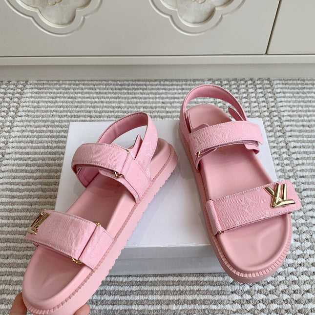 LV SANDALS 25S IN LIGHT PINK DENIM AND CALFSKIN WITH GOLD HARDWARE