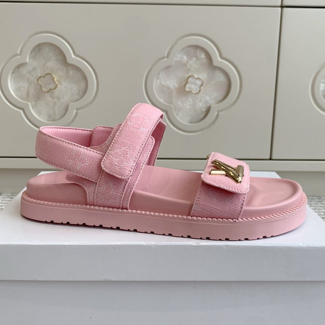 LV SANDALS 25S IN LIGHT PINK DENIM AND CALFSKIN WITH GOLD HARDWARE