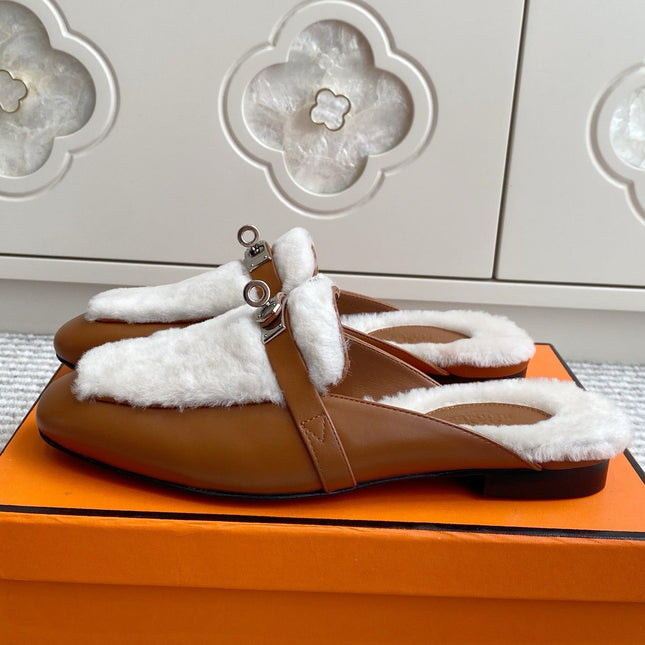 HM 25S CATENA MULE IN BEIGE SHEARLING AND BROWN LAMBSKIN WITH SILVER HARDWARE