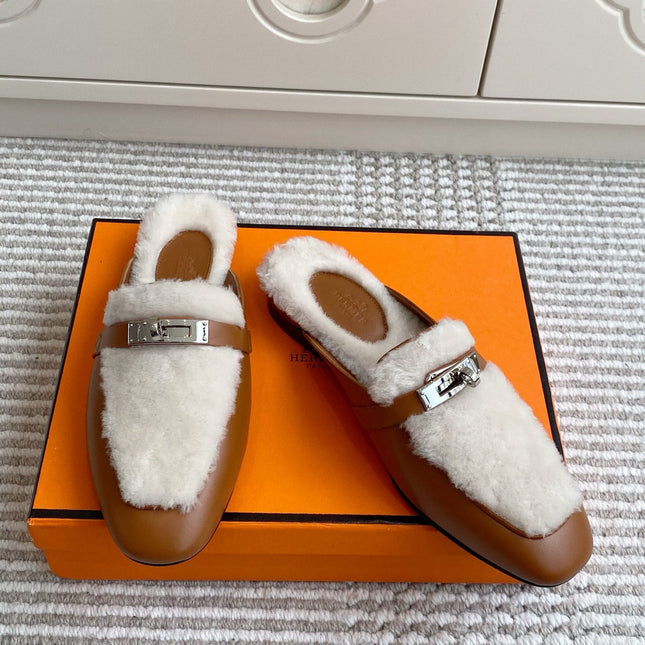 HM 25S CATENA MULE IN BEIGE SHEARLING AND BROWN LAMBSKIN WITH SILVER HARDWARE