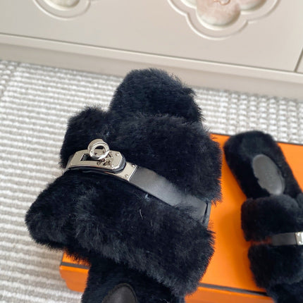 HM 25S ECLAIR SANDAL IN BLACK SHEARLING WITH SILVER HARDWARE