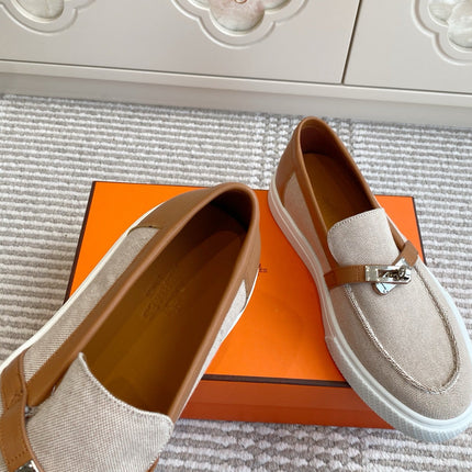 HM 25S SLIP-ON IN LIGHT BEIGE CANVAS AND BROWN LAMBSKIN WITH SILVER HARDWARE
