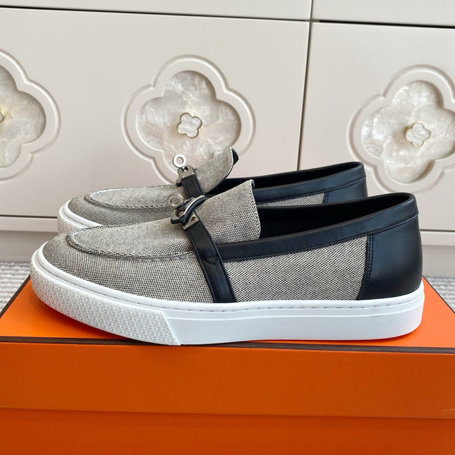 HM 25S SLIP-ON IN GREY CANVAS AND BLACK LAMBSKIN WITH SILVER HARDWARE