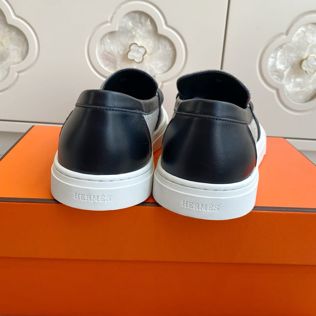 HM 25S SLIP-ON IN GREY CANVAS AND BLACK LAMBSKIN WITH SILVER HARDWARE