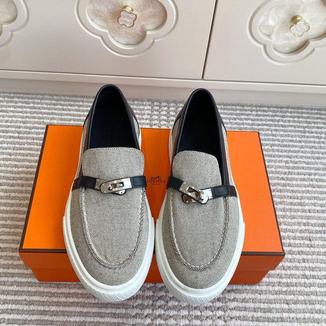 HM 25S SLIP-ON IN GREY CANVAS AND BLACK LAMBSKIN WITH SILVER HARDWARE