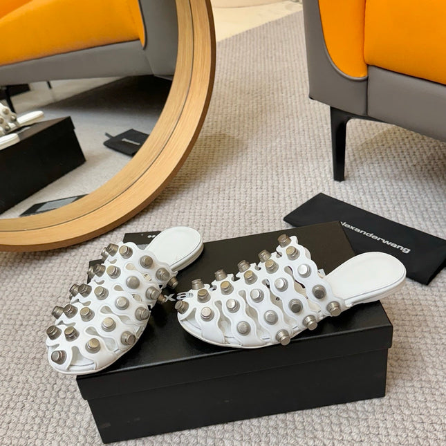 RHODES STUDDED REXA CAGE SLIDE IN WHITE LAMBSKIN