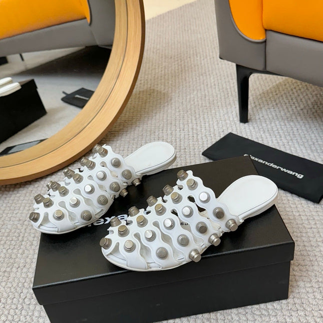 RHODES STUDDED REXA CAGE SLIDE IN WHITE LAMBSKIN