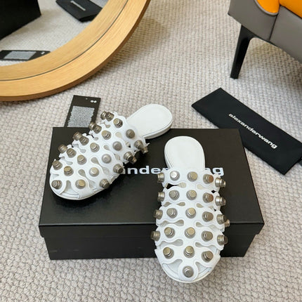RHODES STUDDED REXA CAGE SLIDE IN WHITE LAMBSKIN