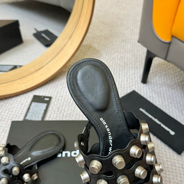 RHODES STUDDED REXA CAGE SLIDE IN BLACK LAMBSKIN