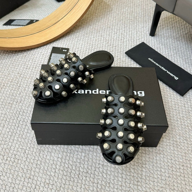 RHODES STUDDED REXA CAGE SLIDE IN BLACK LAMBSKIN