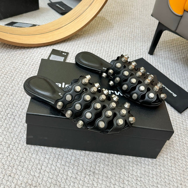 RHODES STUDDED REXA CAGE SLIDE IN BLACK LAMBSKIN