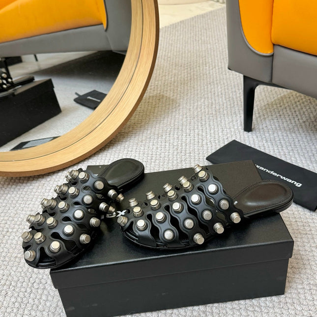 RHODES STUDDED REXA CAGE SLIDE IN BLACK LAMBSKIN