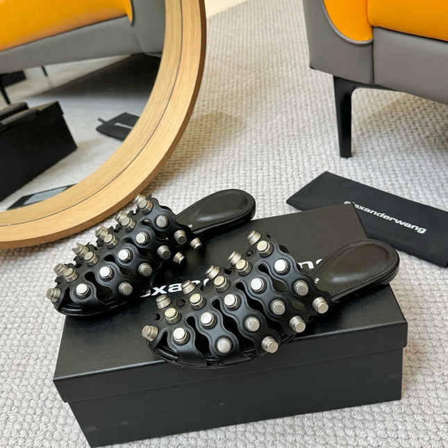 RHODES STUDDED REXA CAGE SLIDE IN BLACK LAMBSKIN