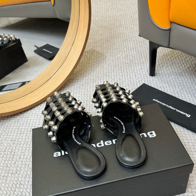 RHODES STUDDED REXA CAGE SLIDE IN BLACK LAMBSKIN