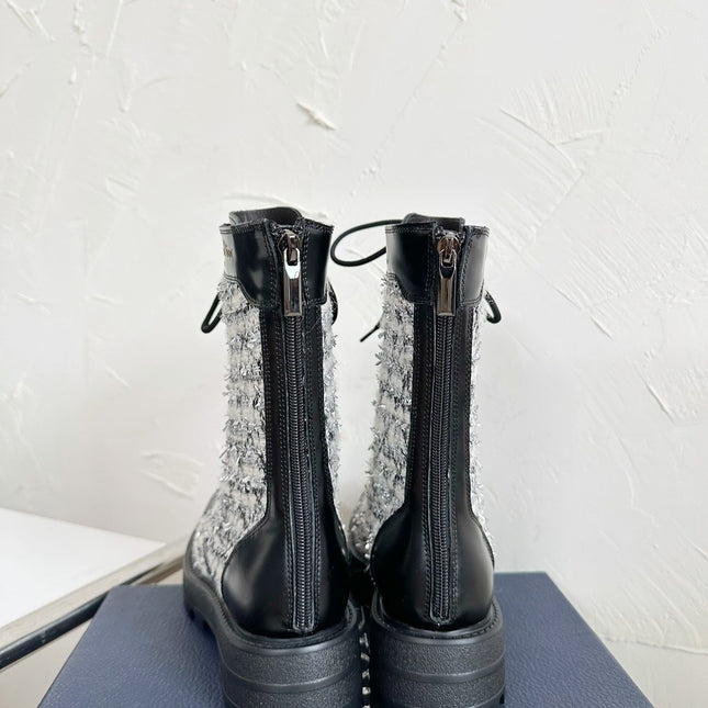 D-UNIT ANKLE BOOT BLACK CALFSKIN WITH WHITE AND BLACK CANNAGE TWEED