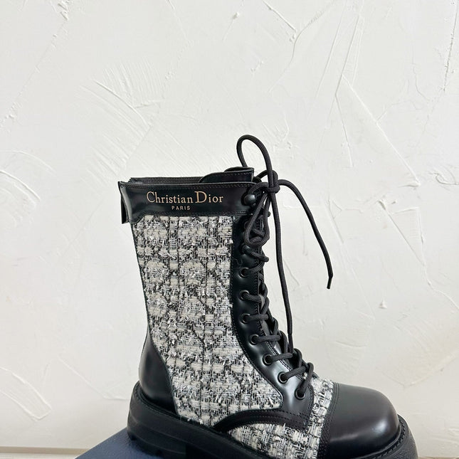 D-UNIT ANKLE BOOT BLACK CALFSKIN WITH WHITE AND BLACK CANNAGE TWEED