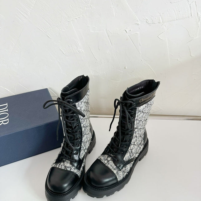 D-UNIT ANKLE BOOT BLACK CALFSKIN WITH WHITE AND BLACK CANNAGE TWEED