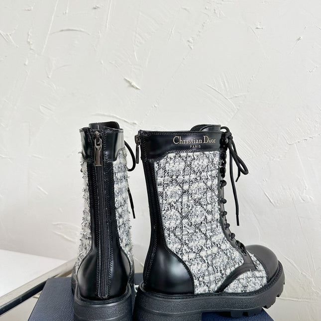 D-UNIT ANKLE BOOT BLACK CALFSKIN WITH WHITE AND BLACK CANNAGE TWEED