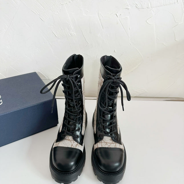 D-UNIT ANKLE BOOT BLACK CALFSKIN WITH BEIGE AND BLACK CANNAGE TWEED