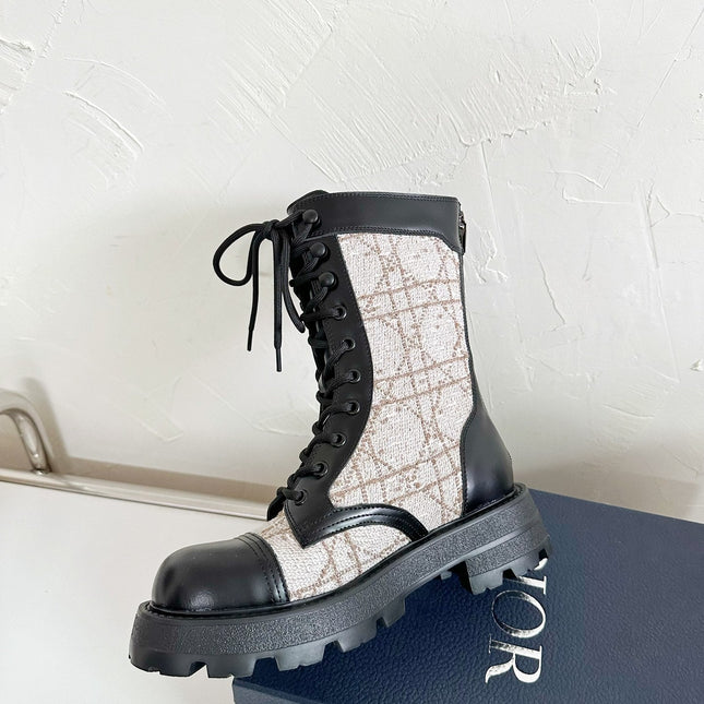 D-UNIT ANKLE BOOT BLACK CALFSKIN WITH BEIGE AND BLACK CANNAGE TWEED