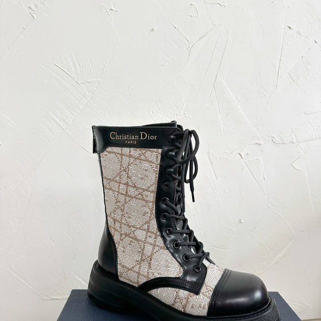 D-UNIT ANKLE BOOT BLACK CALFSKIN WITH BEIGE AND BLACK CANNAGE TWEED
