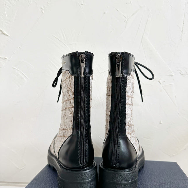 D-UNIT ANKLE BOOT BLACK CALFSKIN WITH BEIGE AND BLACK CANNAGE TWEED