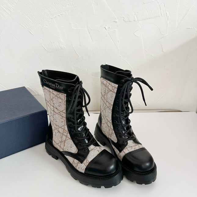D-UNIT ANKLE BOOT BLACK CALFSKIN WITH BEIGE AND BLACK CANNAGE TWEED