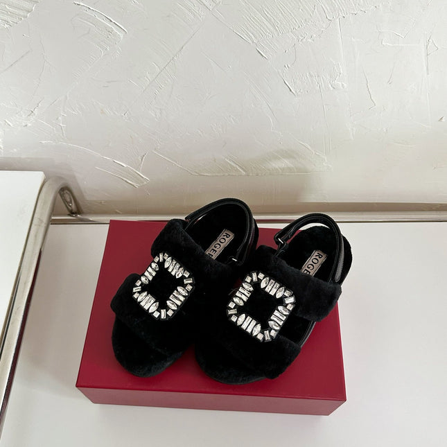 SLIDY VIV' WINTER FUR STRASS BUCKLE SANDALS IN BLACK SHEARLING