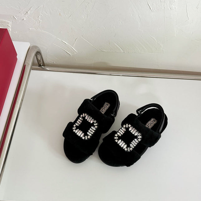 SLIDY VIV' WINTER FUR STRASS BUCKLE SANDALS IN BLACK SHEARLING