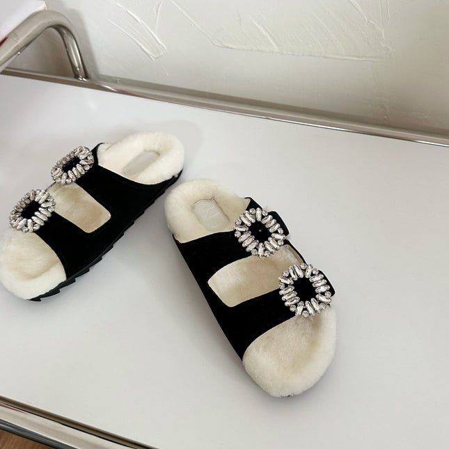 SLIDY VIV’ FUR STRASS BUCKLE MULES IN BLACK SUEDE AND CREAM SHEARLING INSOLE
