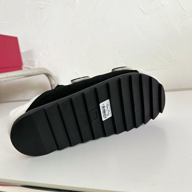 SLIDY VIV’ FUR STRASS BUCKLE MULES IN BLACK SUEDE AND CREAM SHEARLING INSOLE