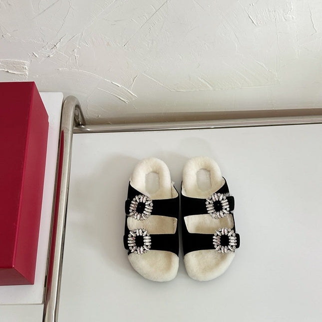SLIDY VIV’ FUR STRASS BUCKLE MULES IN BLACK SUEDE AND CREAM SHEARLING INSOLE
