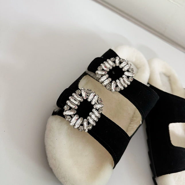 SLIDY VIV’ FUR STRASS BUCKLE MULES IN BLACK SUEDE AND CREAM SHEARLING INSOLE