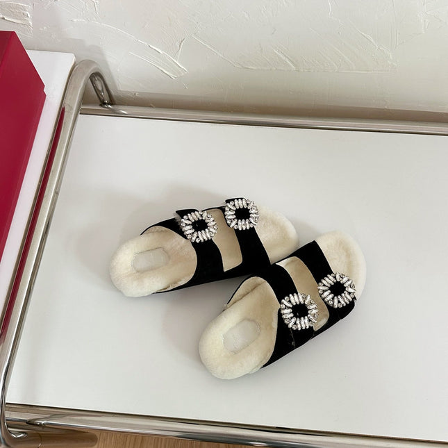 SLIDY VIV’ FUR STRASS BUCKLE MULES IN BLACK SUEDE AND CREAM SHEARLING INSOLE
