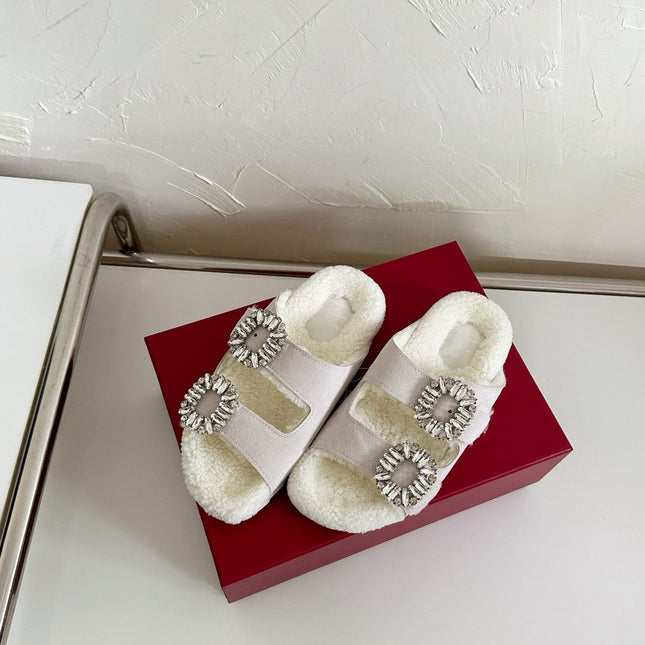 SLIDY VIV’ FUR STRASS BUCKLE MULES IN LIGHT GREY SUEDE AND CREAM SHEARLING INSOLE