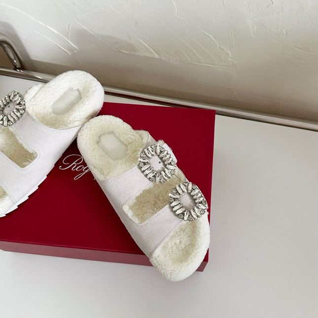 SLIDY VIV’ FUR STRASS BUCKLE MULES IN LIGHT GREY SUEDE AND CREAM SHEARLING INSOLE