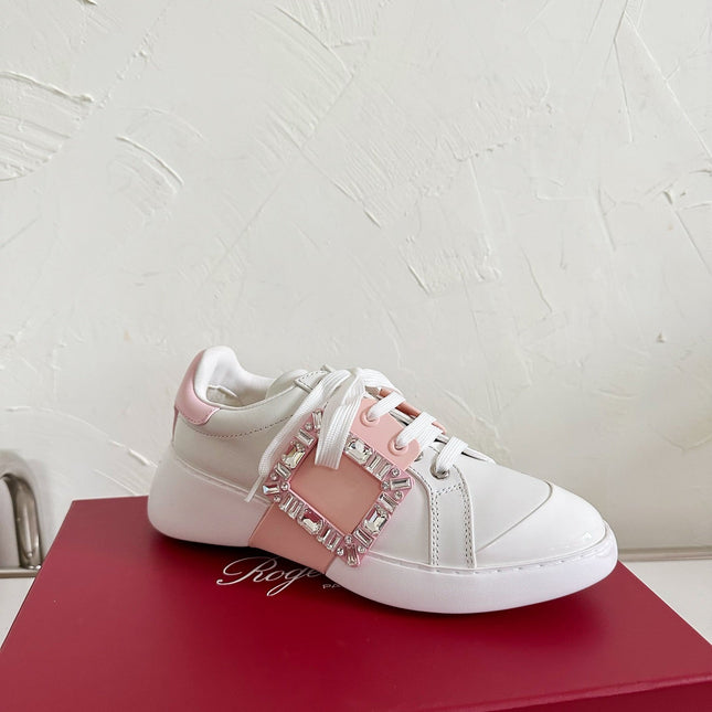 VIV' SKATE SNEAKERS IN WHITE CALFSKIN LIGHT PINK GLITTER STRAP AND CRYSTAL BUCKLE
