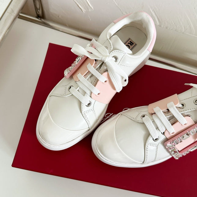 VIV' SKATE SNEAKERS IN WHITE CALFSKIN LIGHT PINK GLITTER STRAP AND CRYSTAL BUCKLE