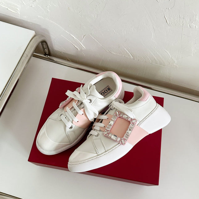 VIV' SKATE SNEAKERS IN WHITE CALFSKIN LIGHT PINK GLITTER STRAP AND CRYSTAL BUCKLE