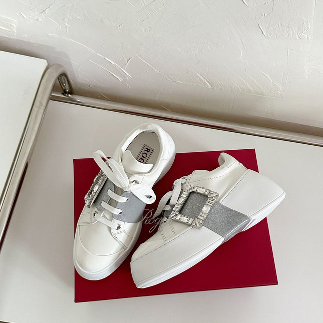 VIV' SKATE SNEAKERS IN WHITE CALFSKIN SILVER GLITTER STRAP AND CRYSTAL BUCKLE