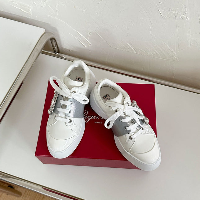 VIV' SKATE SNEAKERS IN WHITE CALFSKIN SILVER GLITTER STRAP AND CRYSTAL BUCKLE