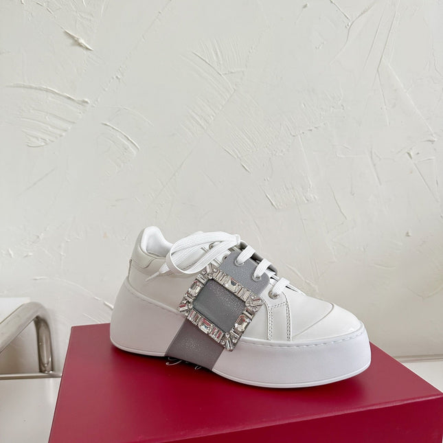 VIV' SKATE SNEAKERS IN WHITE CALFSKIN SILVER GLITTER STRAP AND CRYSTAL BUCKLE