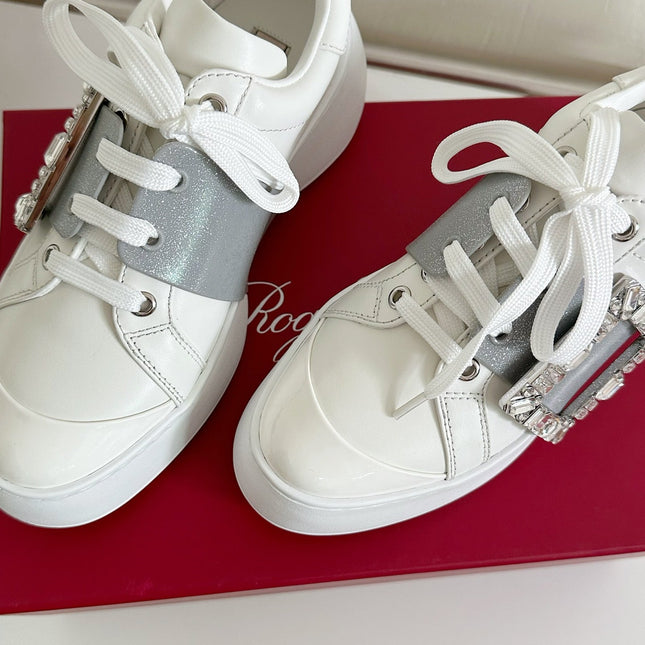 VIV' SKATE SNEAKERS IN WHITE CALFSKIN SILVER GLITTER STRAP AND CRYSTAL BUCKLE