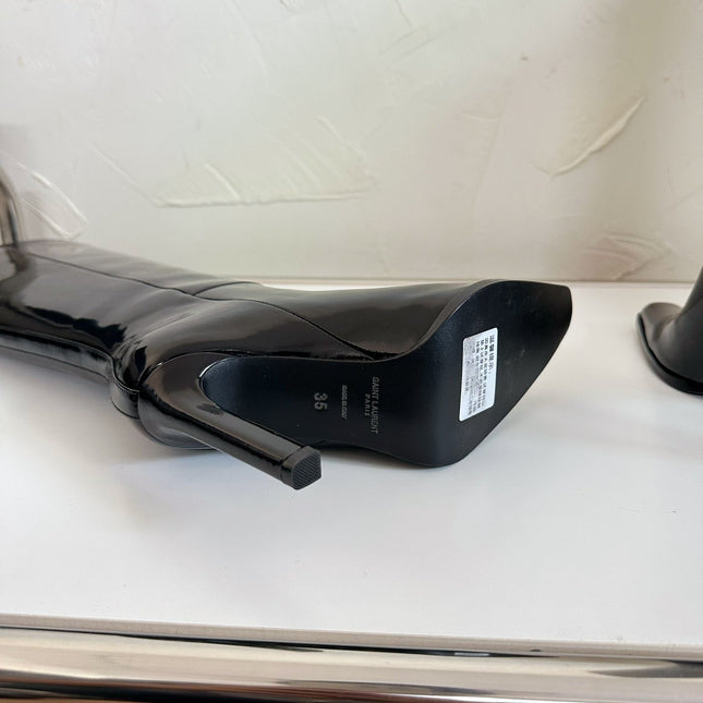 HIGH HEEL KNEE BOOTS IN BLACK SHINY CALFSKIN