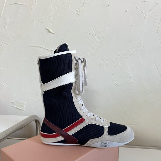 LACE-UP KNEE BOOTS IN BEIGE SUEDE AND NAVY MESH