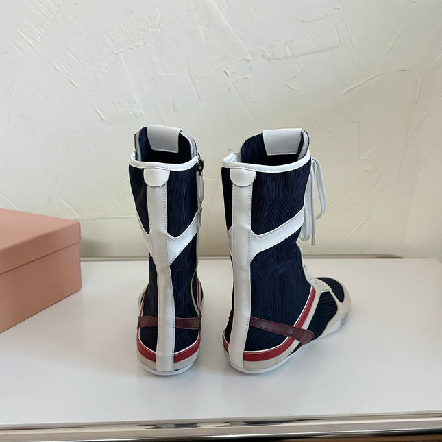 LACE-UP KNEE BOOTS IN BEIGE SUEDE AND NAVY MESH