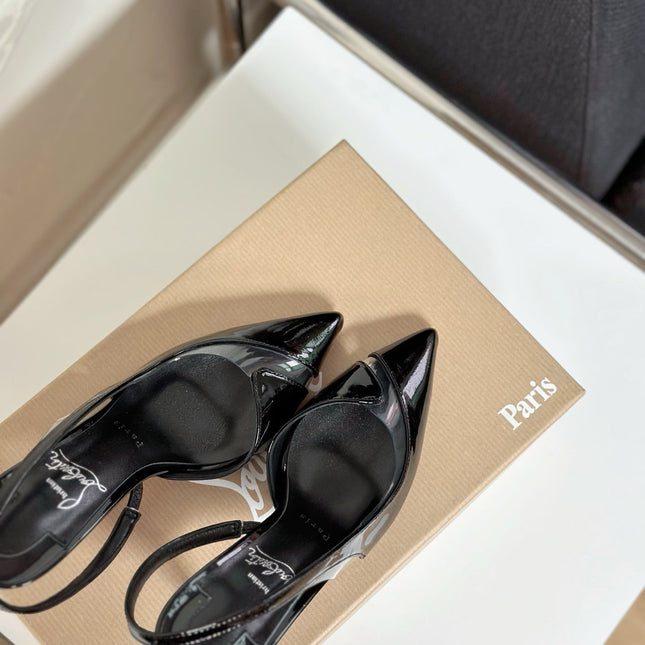 TRANSPARENT PANEL SLING BACK PUMPS IN BLACK PATENT CALFSKIN