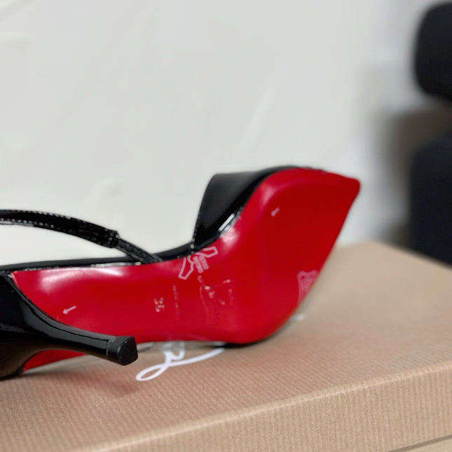 TRANSPARENT PANEL SLING BACK PUMPS IN BLACK PATENT CALFSKIN